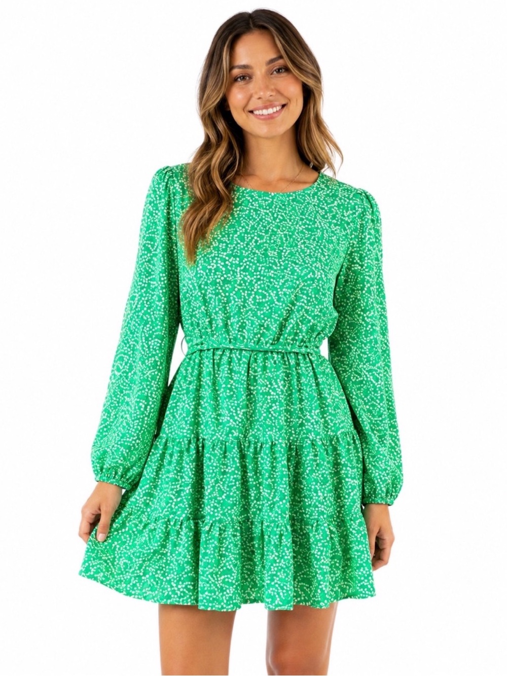 Draper James Bright Green Long-Sleeve Tiered Mini Dress